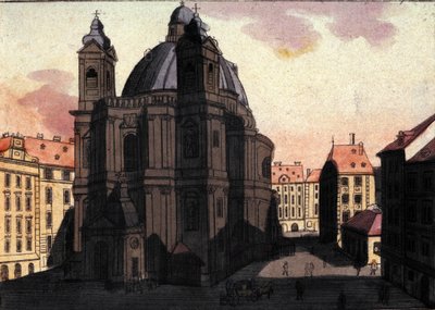 Utsikt over Petersplassen og kirken i Wien, Østerrike Gravering fra 1820 av Unknown artist