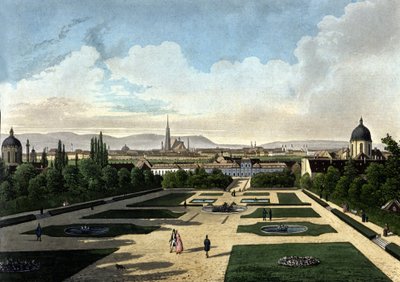 Utsikt over Wiens Belvedere, østerriksk barokkpalass bygget av Eugene de Savoye. Litografi fra 1800-tallet av Unknown artist