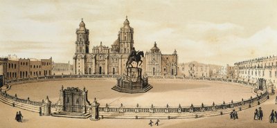 Utsikt over Zocalo-plassen og katedralen i Mexico City, Mexico Litografi fra slutten av 1800-tallet av Unknown artist