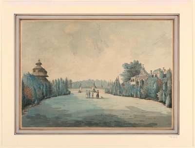 Utsikt over en hage med pagode av Unknown artist