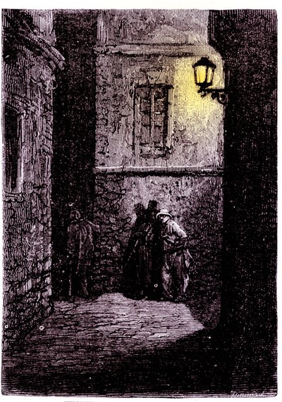 Utsikt over en mørk bakgate i Whitechapel-distriktet i London. Gravering fra 1700-tallet av Unknown artist
