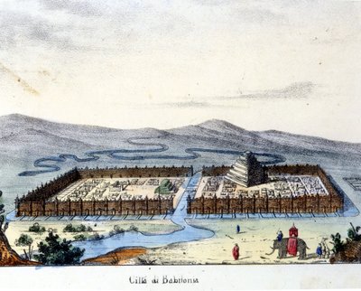 Utsikt over det gamle Babylon: i sentrum tempelet og de hengende hagene. Brennende sd. tidlig på 1800-tallet. av Unknown artist