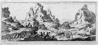 Utsikt over campingvogner i Sinai-ørkenen. 1700-talls gravering. av Unknown artist