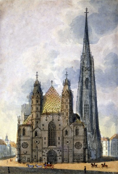 Utsikt over St. Stephen-katedralen (St. Stephen eller Stephansdom eller St. Stephane eller St. Stephan Kirche) fra Wien i Østerrike på slutten av 1700-tallet. av Unknown artist