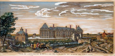 Utsikt over Chateau Royal de Monceaux. Gravering fra 1740. Privat samling. av Unknown artist