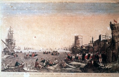 Utsikt over byen og havnen i Tunis i barbari ved Middelhavet - Fangede pirater ankommer Port de la Goulette i Tunis. Gravering 1700-tallet. av Unknown artist
