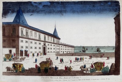 Utsikt over hertugen av Aveiros hus i Lisboa, Portugal. 1700-talls gravering. av Unknown artist