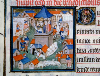 Utsikt over Lendit-messen, populær samling og turgåing i byen Saint Denis Festen i Paris velsignet åpningen av denne begivenheten. Miniatyr fra "Pontifical de Sens"" Paris fra 1300-tallet, B.N. av Unknown artist