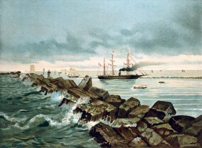 Utsikt over Suez-kanalen innvies 17.09.1869. Kromolitografi fra 1800-tallet av Unknown artist