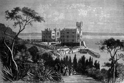 Utsikt over slottet Miramare i Trieste (i den østerrikske perioden), gravering fra 1885 av Unknown artist