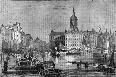 Utsikt over byen Amsterdam og det gamle rådhuset på 1800-tallet. av Unknown artist