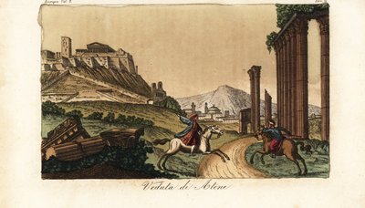 Utsikt over byen Athen, Hellas, med Akropolis og Parthenon til venstre, ruiner av søyler, monumenter og Propylaea foran av Unknown artist