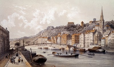 Utsikt over byen Lyon fra Quai Tilsitt. Gravering av 1800-tallet. Paris, B.N. av Unknown artist
