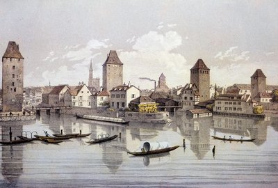 Utsikt over byen Strasbourg ved Rhinen. Gravering fra 1800-tallet Paris, B.N. av Unknown artist