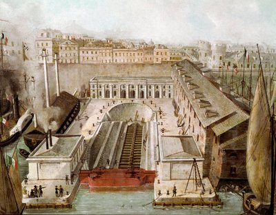 Utsikt over tørrrommet i havnen i Napoli innviet i 1852 (Utsikt over tørrdokken i Napoli) Maleri av Museo di Capodimonte Napoli fra 1800-tallet av Unknown artist
