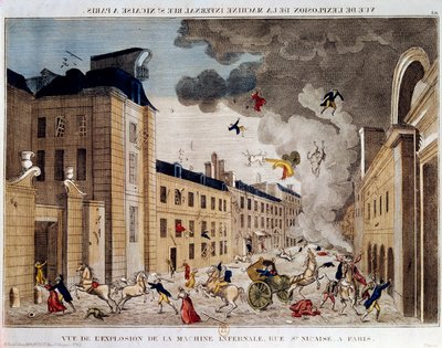 Utsikt over eksplosjonen av den infernalske maskinen i rue Saint Nicaise i Paris på 3. nivose an IX. Konspirasjonen til den infernalske maskinen er en konspirasjon for å drepe Napoleon Bonaparte, den nye førstekonsulen etter statskuppet 18. Brumaire. En in av Unknown artist