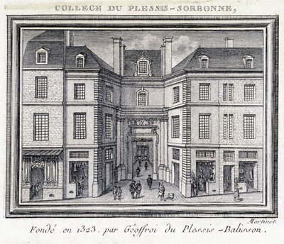 Utsikt over den utvendige fasaden til college of Plessis Sorbonne (Paris), grunnlagt i 1323 av Geoffroy av Plessis Balisson brukt fra 1848 til 1849 av ENA. Gravering bevart på Musee Carnavalet, Paris. av Unknown artist