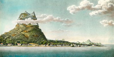 Utsikt over øya Bora Bora i det nåværende Fransk Polynesia. Gravering fra 1700-tallet. Privat samling av Unknown artist