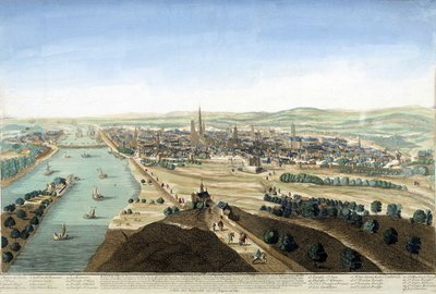 Utsikt over havnen og byen Rouen; Gravering fra 1700-tallet. av Unknown artist