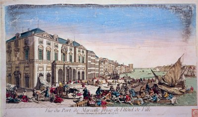 Utsikt over havnen i Marseille fra rådhuset på tidspunktet for pestepidemien i 1720 Gravering av 1720 Paris, B.N. av Unknown artist