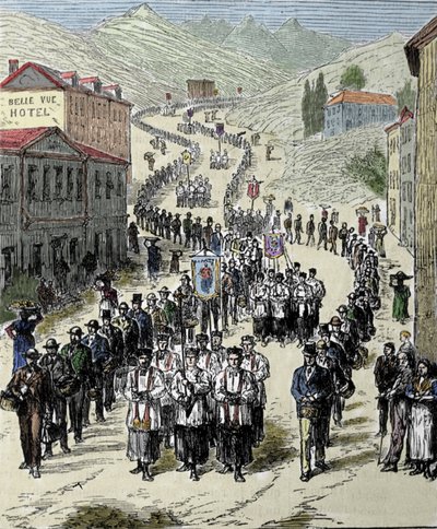 Utsikt over prosesjonen fra stasjonen til Lourdes-hulen i de høye Pyreneene hvor Jomfruen viste seg for Bernadette Soubirous (1844-1879) i 1858, nåværende pilegrimssted. Gravering av 1800-tallet av Unknown artist