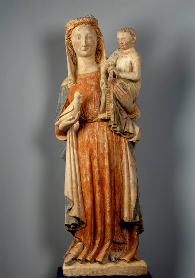 Jomfru og barn Jomfruen holder en due i hånden. Polykrom steinskulptur. 1400-tallet. Montaigu les Bois kirke. av Unknown artist