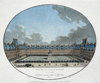 Utsikt over Place Royale i Paris (Place des Vosges). n.d. gravering 1700-tallet. av Unknown artist