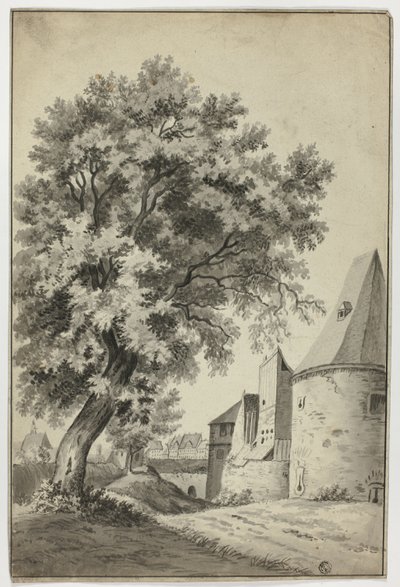 Befestet landsby og høyt tre av Unknown artist