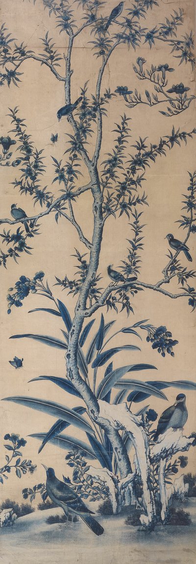 Tapetpanel med fugler og blomstrende trær av Unknown artist