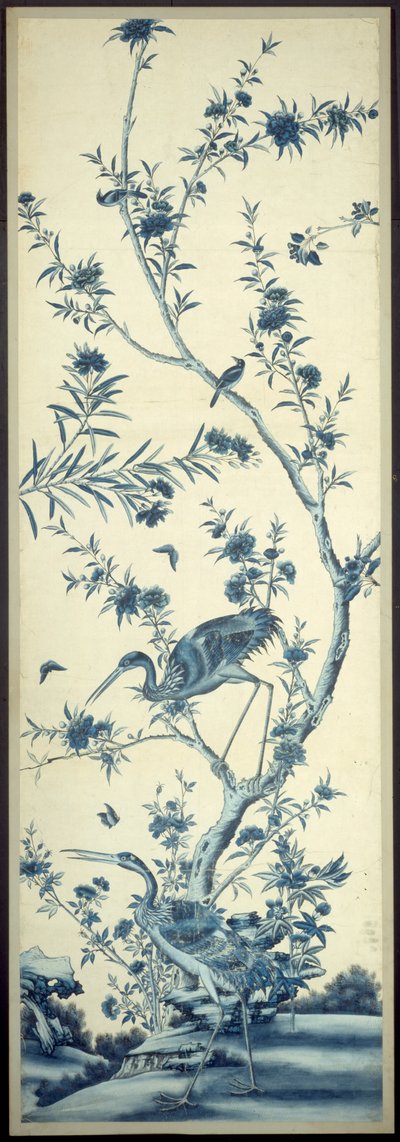 Tapetpanel med fugler og blomstrende trær av Unknown artist