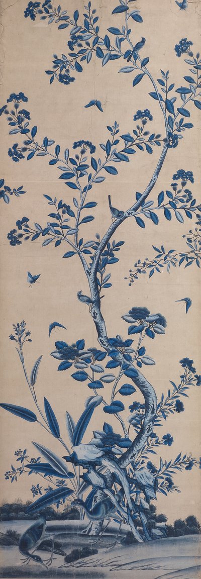 Tapetpanel med fugler og blomstrende trær av Unknown artist