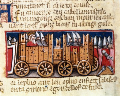 Krigsmaskiner, forløperen til våpentanken, brukt av Charlemagne mot maurerne i Spania - i "Entrance of Spain", manuskript fra 1300-tallet. Biblioteca Marciana, Venezia. av Unknown artist