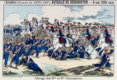 Krigen 1870-1871: utsikt over slaget ved Froeschwiller (eller Reischoffen) og anklagen om slagskipene, 6/08/1870 (gjenoppliving av Woerth). Gravering av 1800-tallet. Paris, B.N. av Unknown artist