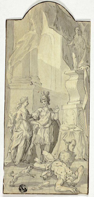 Warrior Conversing with Lady in Bankett, med Dead Man at Their Feet av Unknown artist