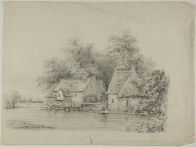 Vannmølle og hytte med stråtak av Unknown artist