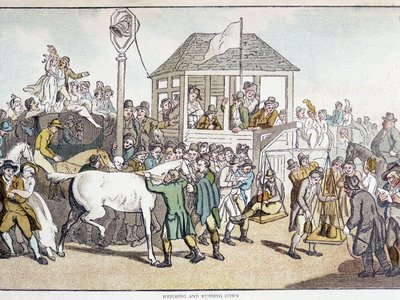 Veiing og vask før et hesteveddeløp (slutten av 1800-tallet). av Unknown artist