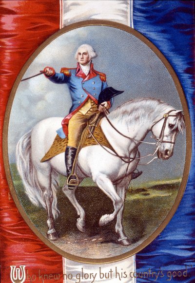 Som ikke kjente noen ære enn landets gode: George Washington (1732 - 1799) ridende i medaljong på baksiden av det franske flagget. kromolitografi fra 1800-tallet. av Unknown artist