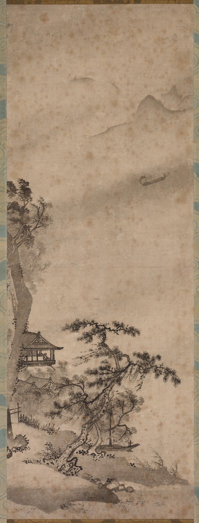 Vindfullt landskap med seilbåt av Unknown artist
