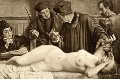 Hekseri. Forskere leter etter en føflekk på kroppen til en heks, for å klype den og studere reaksjonen. Illustrasjon av E. Van Hoove. 1888 av Unknown artist