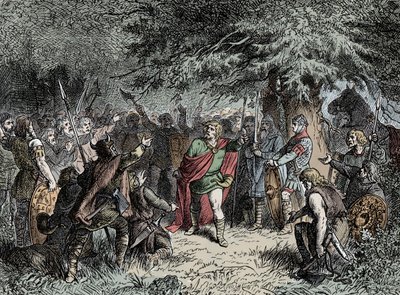 Wittekind kaller sakserne sine til våpen - Widukind av Sachsen (ca. 750-810) ber sakserne heve våpnene mot Franco-invasjonen av Karl den Store i 777 av Unknown artist