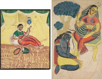 Kvinne som spiller musikk (rekto); Krishna stryker Radhas føtter (verso) av Unknown artist
