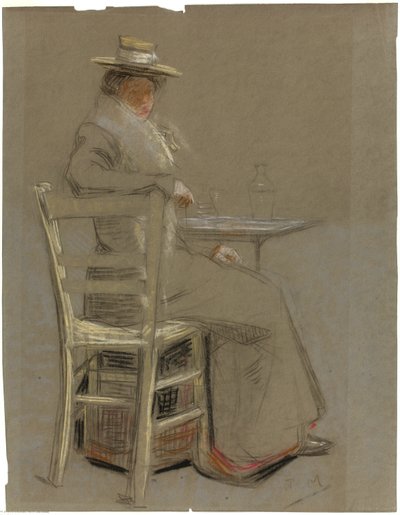 Kvinne sitter ved et bord av Unknown artist