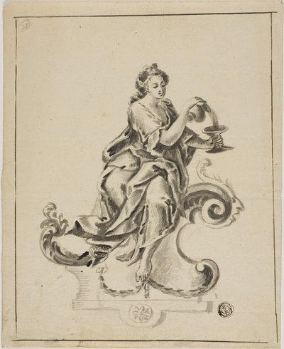 Kvinne sitter på Rococo Scroll av Unknown artist