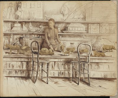 [Kvinne ved en leketøysdisk] av Unknown artist