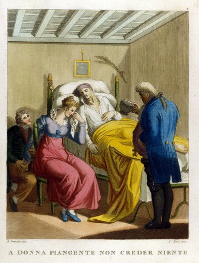 «Kvinnens tårer, ondskapens kilde. Se en kvinne som gråter." Gravering fra 1700-tallet som illustrerer en rekke ordtak. av Unknown artist