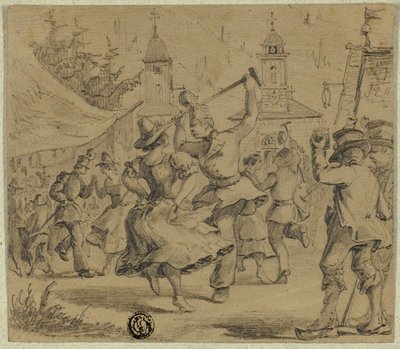 Kvinner og soldater som danser på landsbytorget av Unknown artist