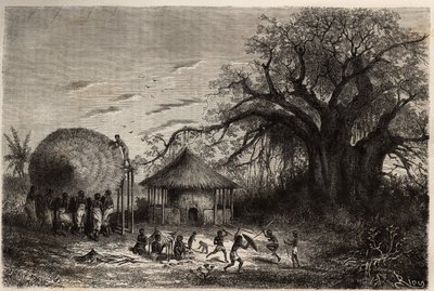 Kvinner fra kantene av Zambeze vinker hytter og i forgrunnen leker barna. Gravering for å illustrere Dr. Livingstones første reiser til Sør-Afrika fra 1840 til 1856, i «Le tour du monde, nouveau journal des voyages»» publisert under direkte av Unknown artist