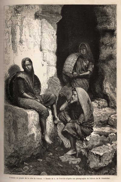 Kvinner av folket på Concau-kysten (eller Konkan, nordkysten av India). Gravering for å illustrere reisen i meridionalprovinsene i India, av Alfred Grandidier, i 1862-1864, publisert i "" Le tour du monde""" 1869, redigert av Edoua av Unknown artist
