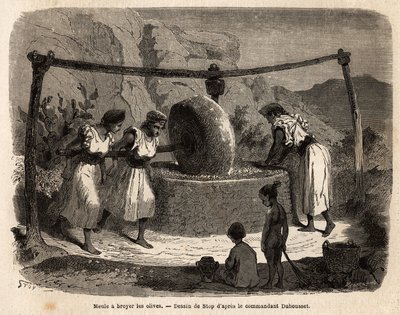 Kvinners arbeid, maling av oliven, et av de viktigste landbruksproduktene i Djurjura (Algeria). Gravering for å illustrere ekskursjonen til den store Kabilie, mellom Middelhavet og Djurjura, i 1864, av kommandør Duhousset, i "" Le tour du mo av Unknown artist