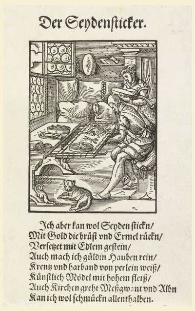 Tresnitt (faksimile): En broderer på jobb av Unknown artist